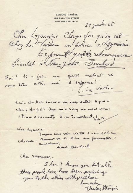 Musique Edgard VARÈSE (1883-1965) Lettre autographe signée Picasso Giacometti