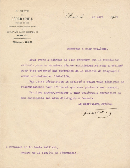 Société de Géographie E. Perrier Etienne Hulot lettre signée Louis Vaillant