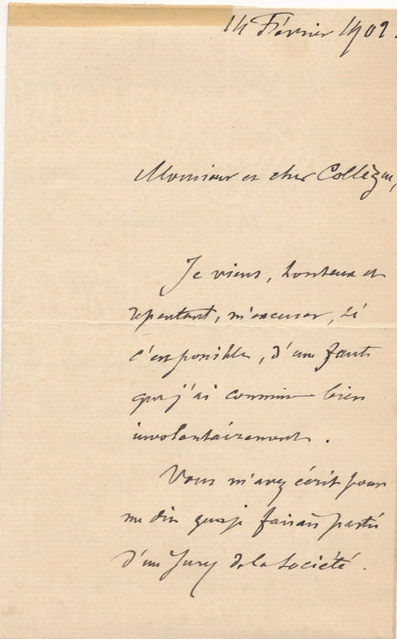 compositeur Gustave Canoby lettre autographe signée jury excuse Malherbe 1909