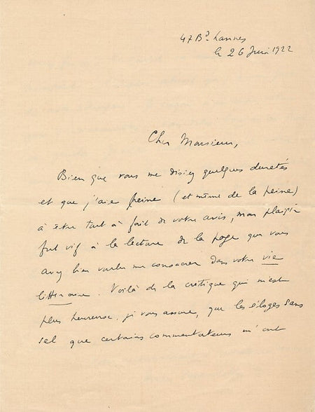 amusante lettre autographe de Jules SUPERVIELLE  répond à une critique gauchos