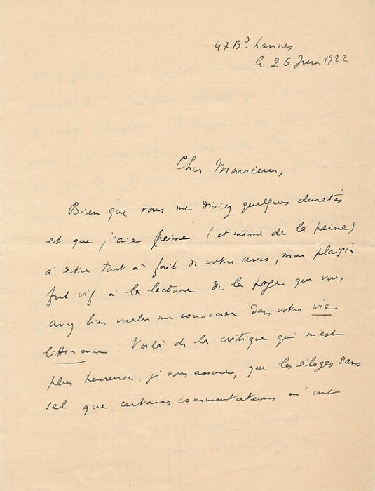 amusante lettre autographe de Jules SUPERVIELLE  répond à une critique gauchos