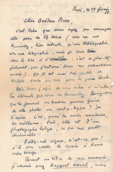 Francis PONGE prépare une causerie lettre autographe signée à Gaëtan Picon