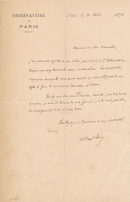 astronomie astronome Albert Lévy Delaunay Montsouris lettre autographe signée