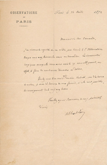 astronomie astronome Albert Lévy Delaunay Montsouris lettre autographe signée