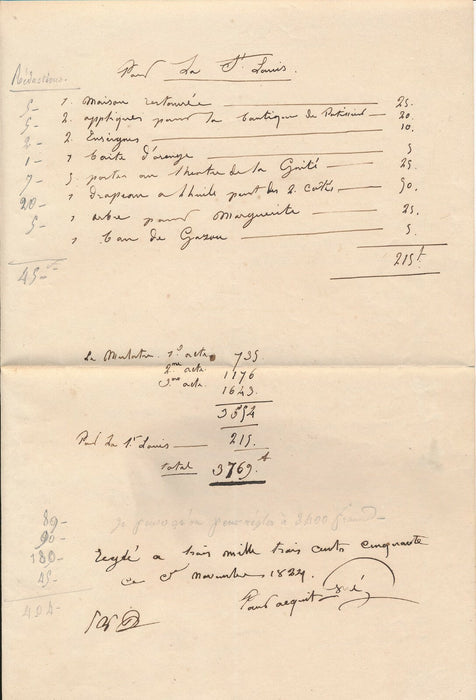 décoration théâtre Julien-Michel GUÉ facture signée 1821