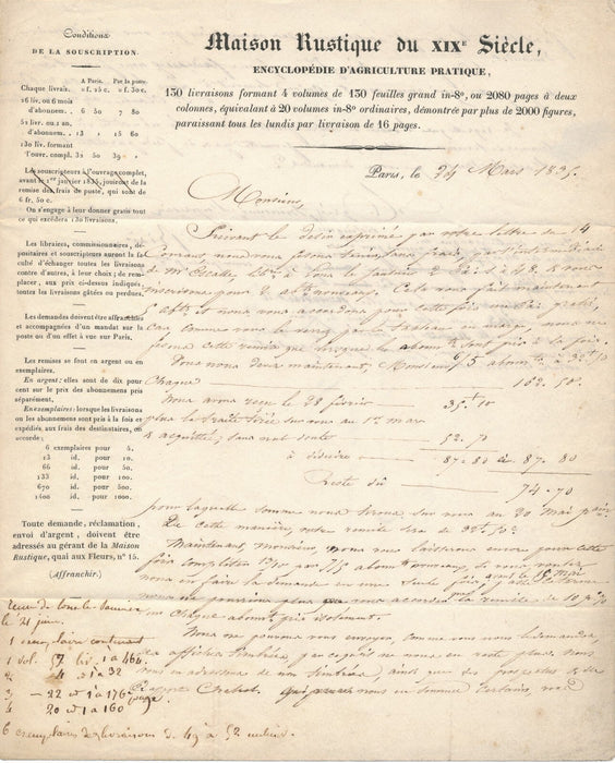 Jacques Alexandre BIXIO agronome maison rustique lettre autographe signée