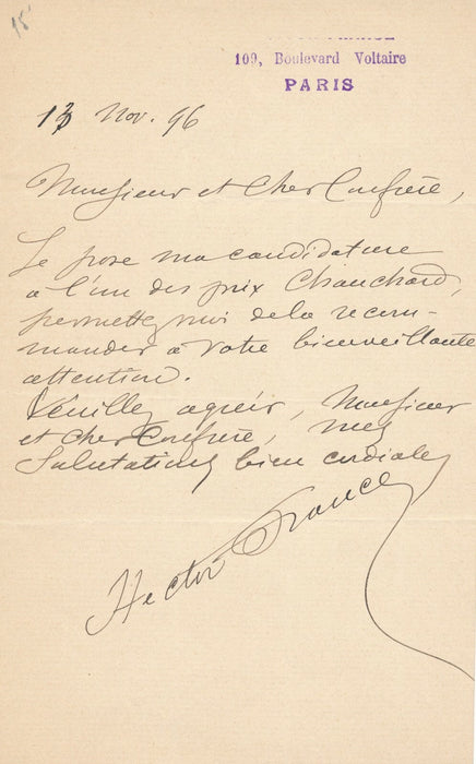 Hector FRANCE lettre autographe signée candidature prix Chauchard érotisme
