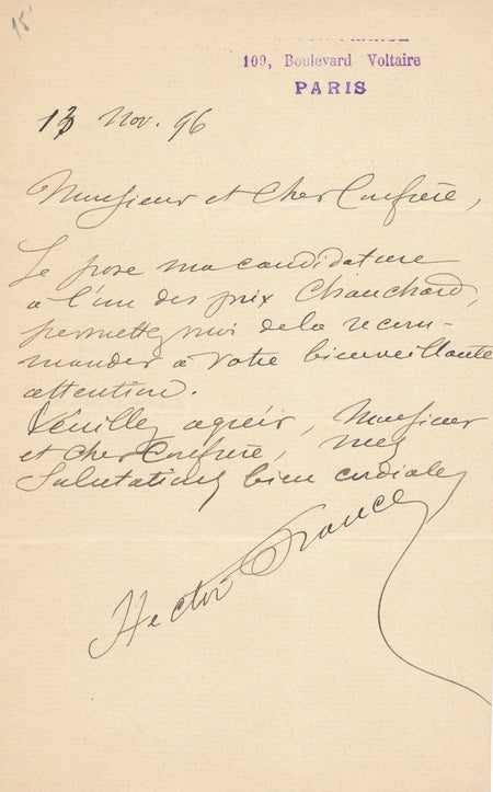 Hector FRANCE lettre autographe signée candidature prix Chauchard érotisme