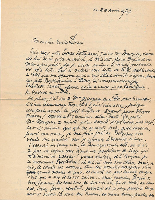 Gabriel BELOT gravure bois signée Beethoven 1927 Et lettre autographe signée