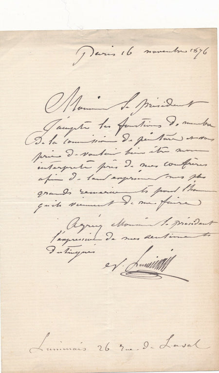Évariste-Vital LUMINAIS Lettre autographe devient membre commission peinture