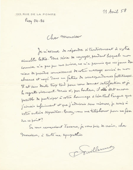 VUILLERMOZ 2 lettres autographes compositeur hommage Léon Paul FARGUE