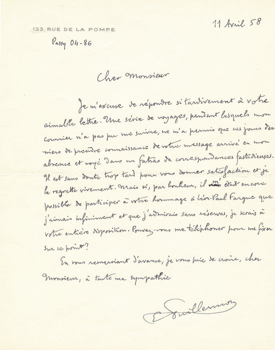 VUILLERMOZ 2 lettres autographes compositeur hommage Léon Paul FARGUE