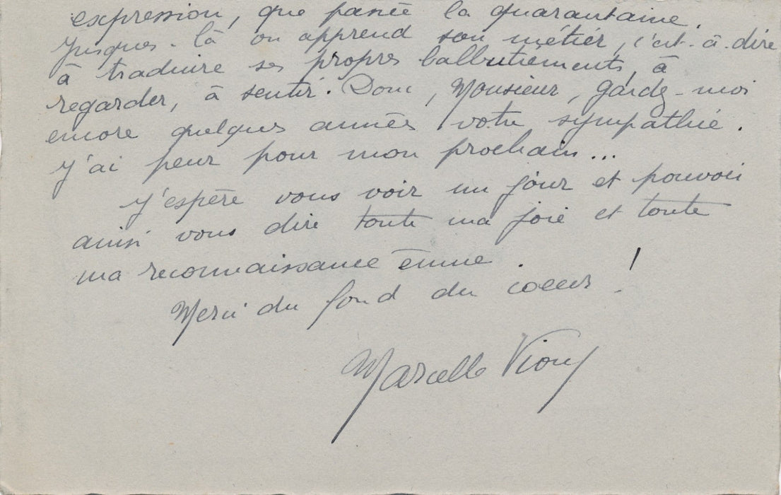Marcelle Vioux lettre remerciements Marcel Gras métier d'écrivain v. 1930