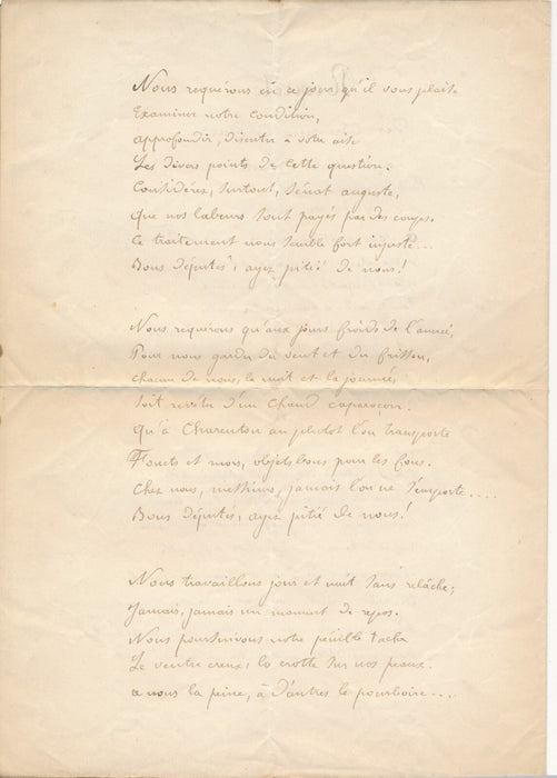 Paul PARELON parolier XIXe manuscrit autographe signé défense chevaux de fiacre