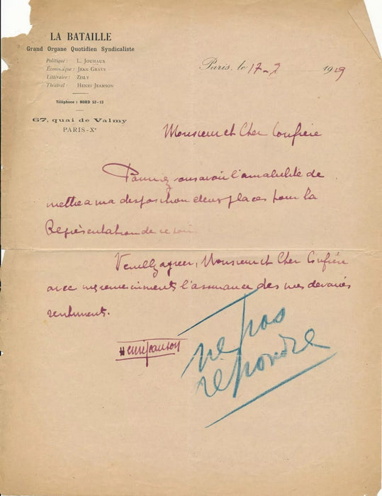 intéressant ensemble autographe Henri JEANSON 2 lettres 1 billet 1 télégramme