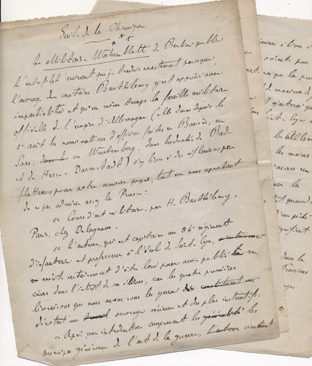 A. WACHTER journaliste manuscrit autographe signée art militaire Barthelemy