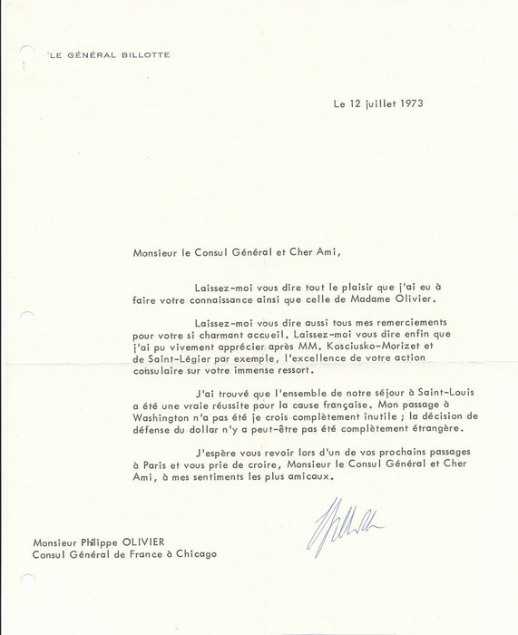 Pierre BILLOTTE général lettre signée Kosciusko-Morizet défense dollar Chicago