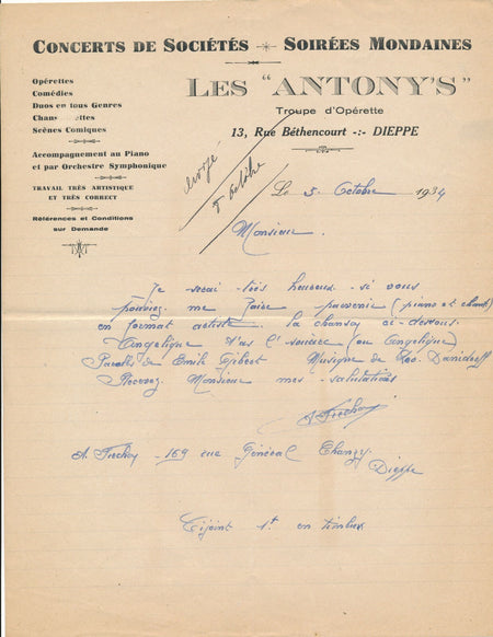 Concerts Les ANTONY’S Dieppe Lettre autographe signée Editions GREYVAL 1934