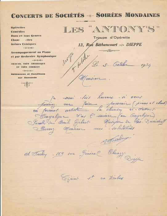 Concerts Les ANTONY’S Dieppe Lettre autographe signée Editions GREYVAL 1934