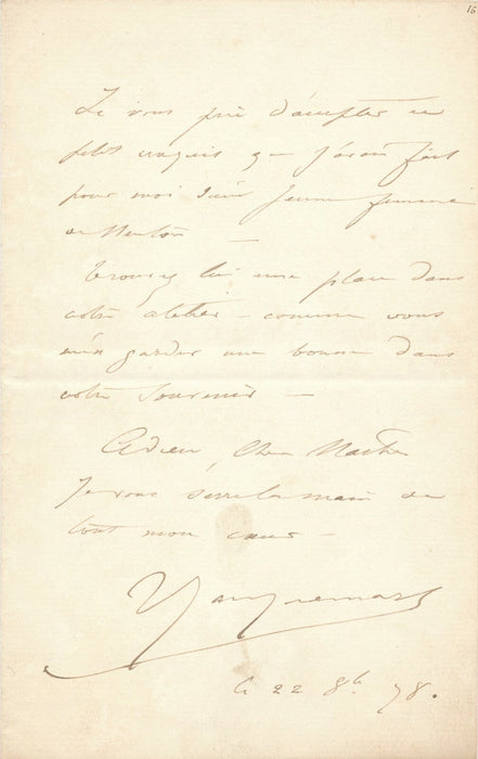 Jules-Ferdinand JACQUEMART graveur : sa santé le rend maussade lettre autographe