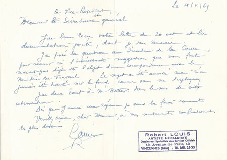 Robert LOUIS graveur héraldique héraldisme lettre autographe signée