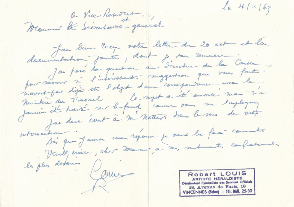 Robert LOUIS graveur héraldique héraldisme lettre autographe signée