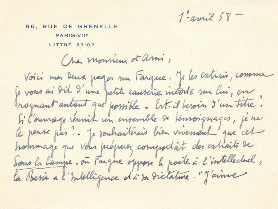 Charles Vildrac évoque poète Léon-Paul Fargue 2 cartes autographes signées