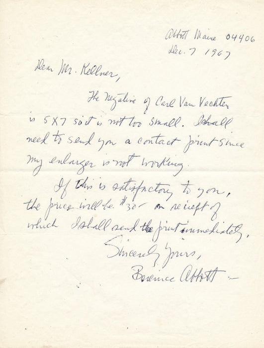 Berenice ABBOTT lettre autographe signée envoie une photo de Carl van Vechten