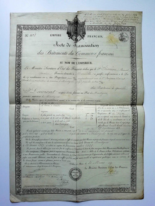 Acte signé Rouher francisation navire Saint Laurent Martigue Martigues 1867