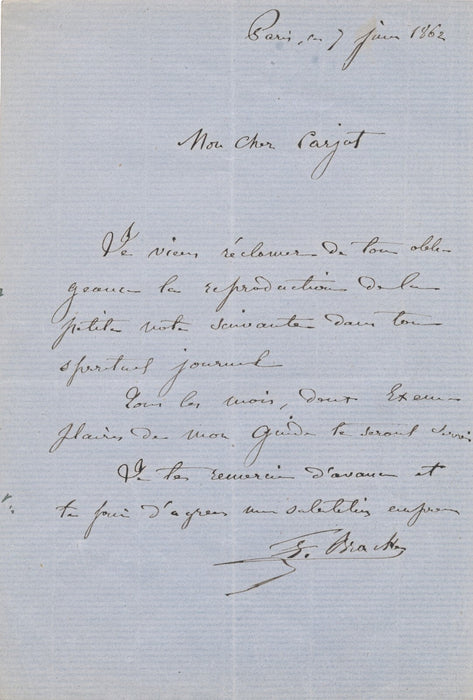 Denis BRACK écrit au spirituel Etienne CARJAT lettre autographe signée 1862