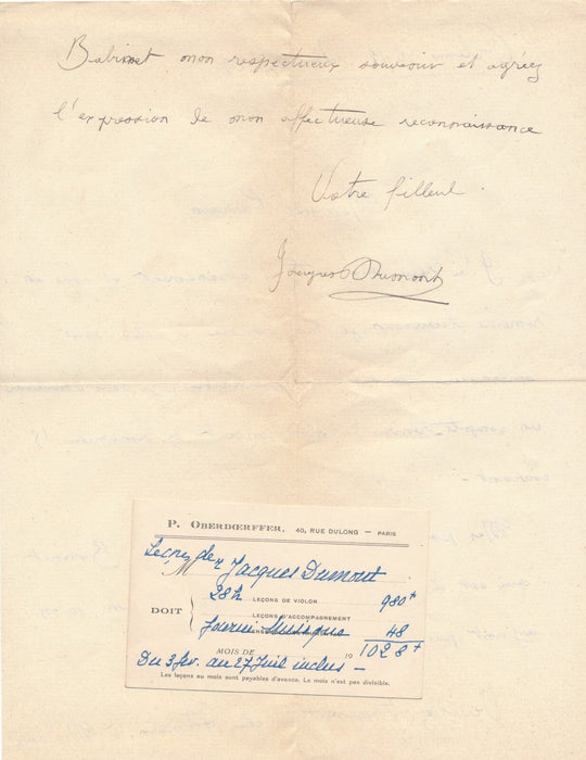 Jacques DUMONT ensemble lettres autographes violon violoniste musique OBERDOERFF