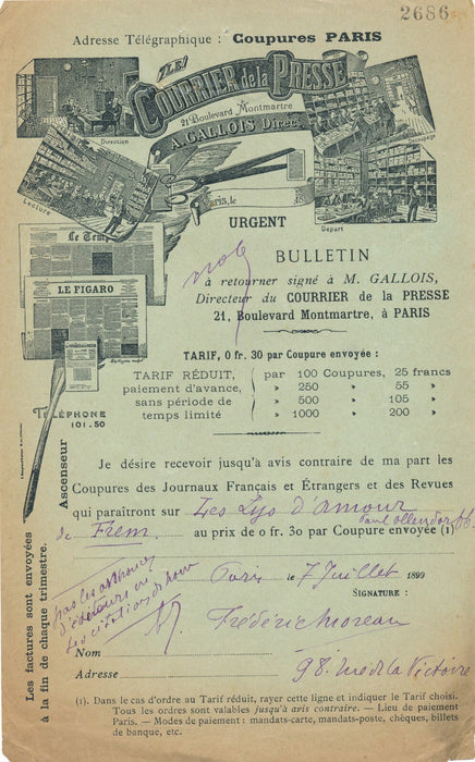 Frédéric MOREAU pseudonyme FREM Lys d’Amour, 1899 lettre signée coupure presse