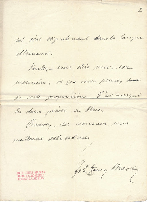 John Henry MACKAY intéressante lettre autographe signée anarchisme traduction