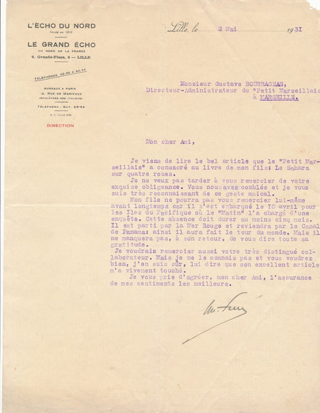 Sur Georges Ferré Echo du Nord remerciement Sahara  quatre roues lettre signée