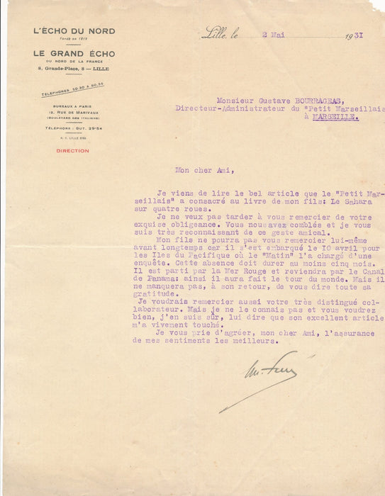 Sur Georges Ferré Echo du Nord remerciement Sahara  quatre roues lettre signée