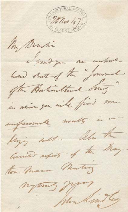 John LINDLEY botaniste Lettre autographe signée Horticultural Society