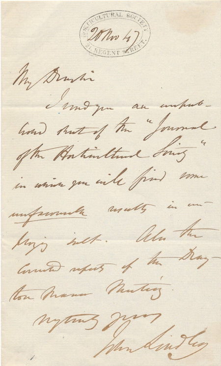 John LINDLEY botaniste Lettre autographe signée Horticultural Society