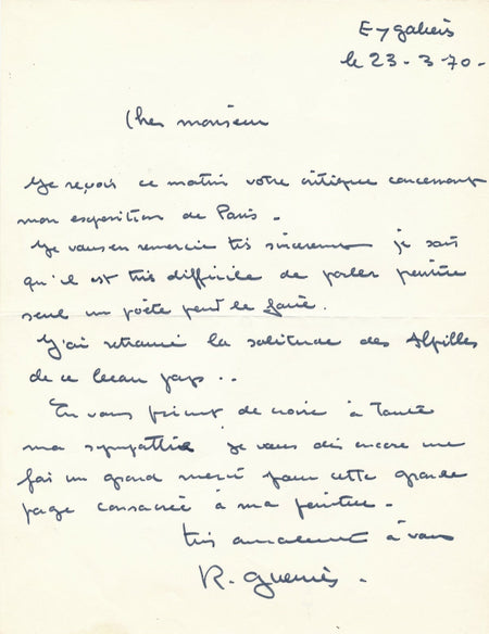 Raymond GUERRIER :  seul un poète peut parler peinture lettre autographe signée