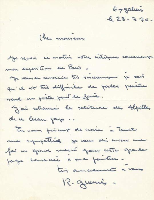 Raymond GUERRIER :  seul un poète peut parler peinture lettre autographe signée