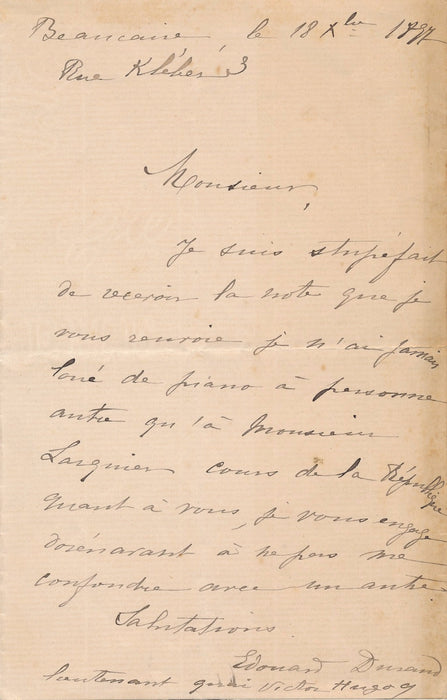 pianiste Lettre autographe signée Edouard Durand de Grau