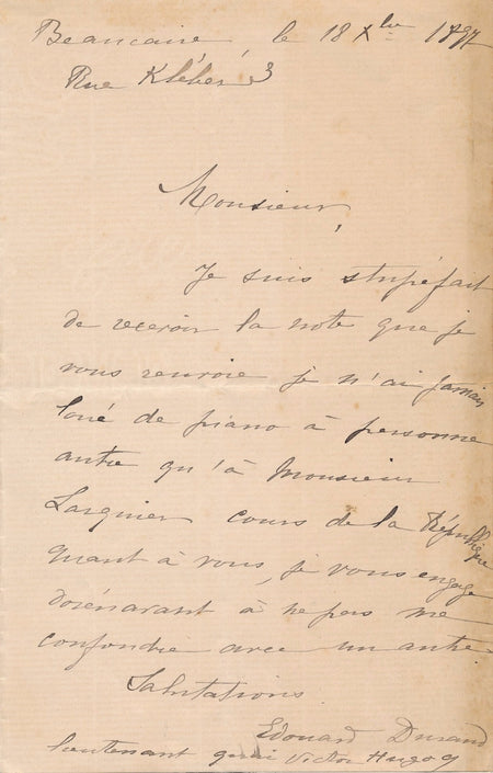pianiste Lettre autographe signée Edouard Durand de Grau