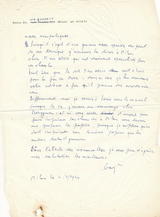 Enrico BAJ Lettre autographe signée gravure Mecano Queneau collaboration 