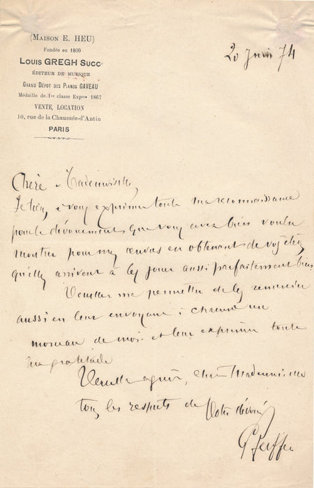 Georges PFEIFFER pianiste compositeur Gregh lettre autographe signée composition