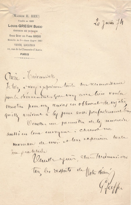 Georges PFEIFFER pianiste compositeur Gregh lettre autographe signée composition