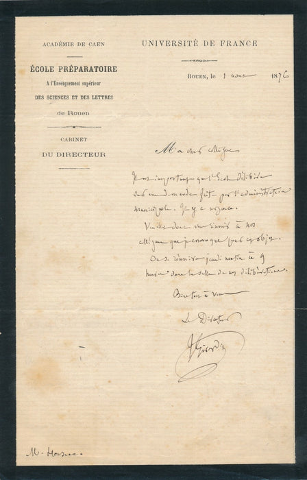 Jean GIRARDIN (1803-1884), chimiste lettre autographe signée Caen mairie