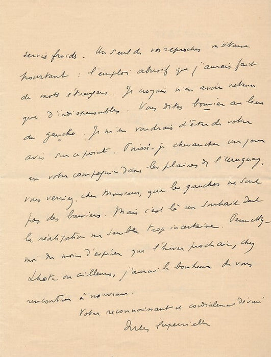 amusante lettre autographe de Jules SUPERVIELLE  répond à une critique gauchos