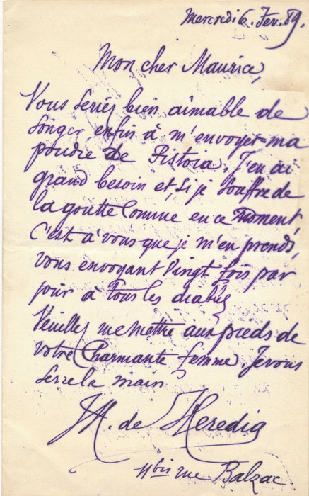 José-Maria de HEREDIA  il a besoin de sa poudre de Pistoia ! autographe lettre