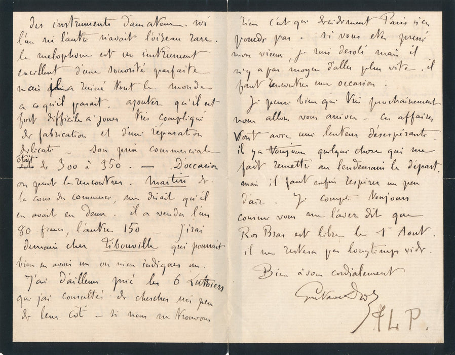Gustave DROZ lettre autographe signée sur mélophone mellophone musique