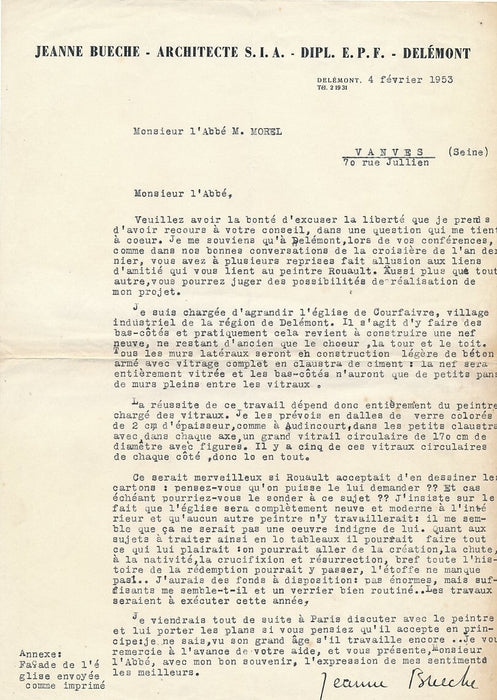 Jeanne BUECHE abbé MOREL ROUAULT 2 lettres 1 autographe signée religion Suisse