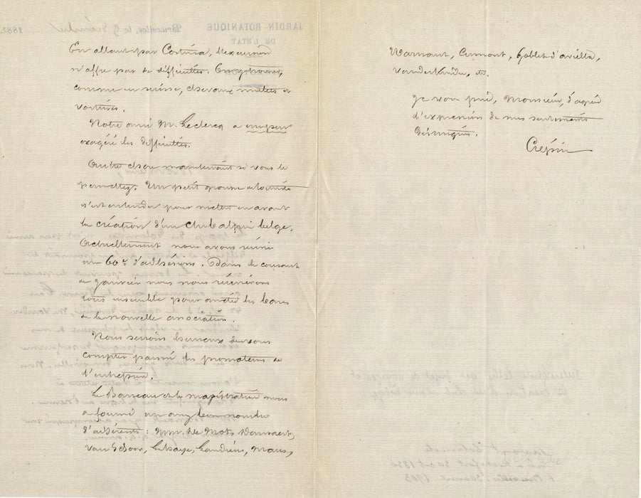 François CREPIN botaniste création Club alpin belge lettre autographe signée